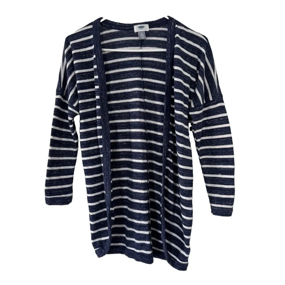 Old Navy Girls Large 10-12 Striped Open Front Cardigan Navy Blue White Knit
